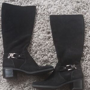 Anne Klein Suede Black Knee-High Boots with Buckle Detail